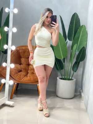 pidr-170622792 Vestido Curto em Poliamida Ombro Único Plissado