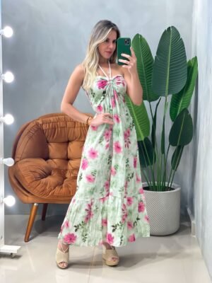 pv-6709 Vestido Midi em Viscose Frente Única Estampada