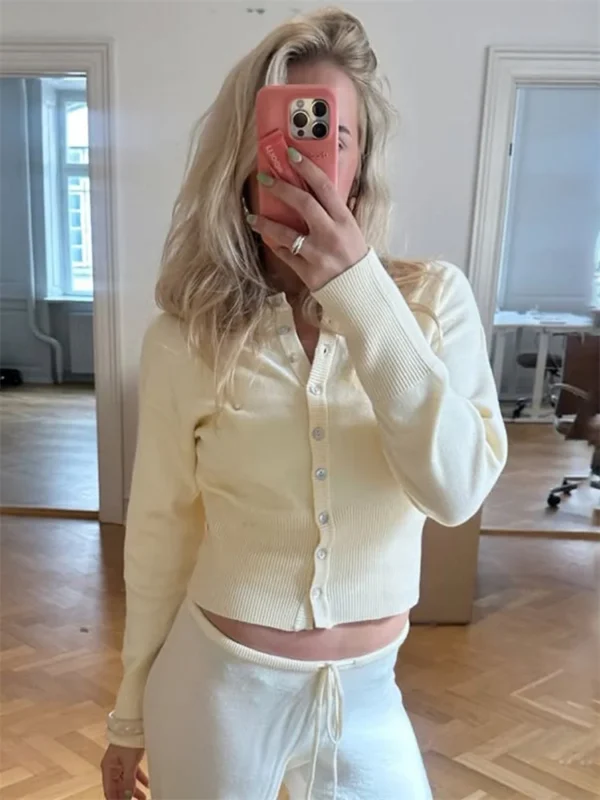 Cardigan Cropped Tricô Manga Longa Canelado
