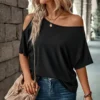 Camiseta de Cor Sólida com Manga Vazada e Ombro Assimétrico