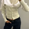 Cardigan Cropped Tricô Manga Longa Canelado