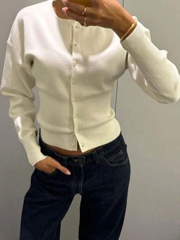 Cardigan Cropped Tricô Manga Longa Canelado