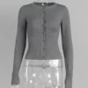Cardigan Cropped Tricô Manga Longa Canelado