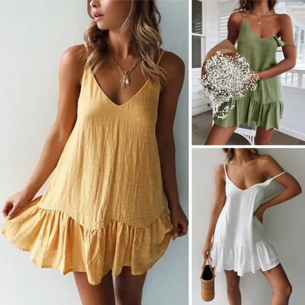 Vestido Curto Fluído, sem Mangas, com Alça e Decote
