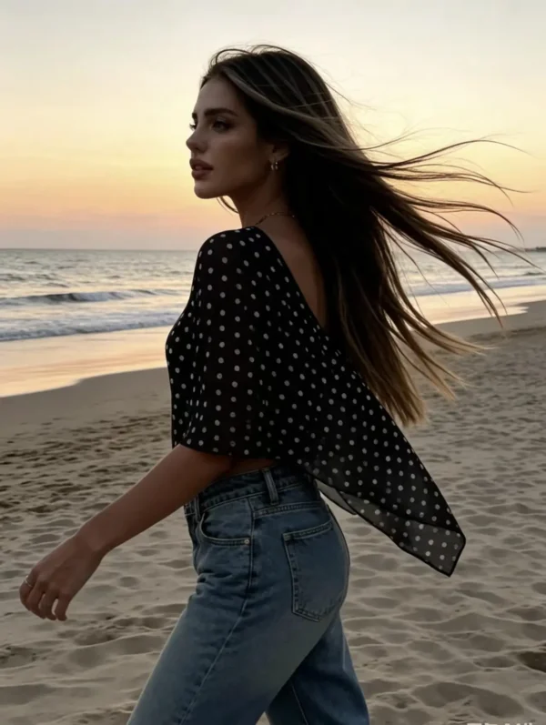 Blusa Tule Preta Estampada de Manga Curta Assimétrica