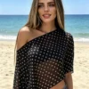 Blusa Tule Preta Estampada de Manga Curta Assimétrica